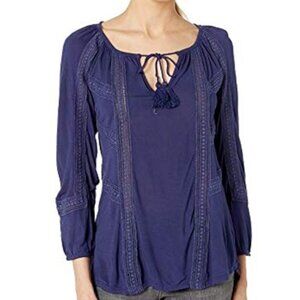 Women's Lucky Brand Blue Mixed Lace Peasant/Boho Top Size Large NWT